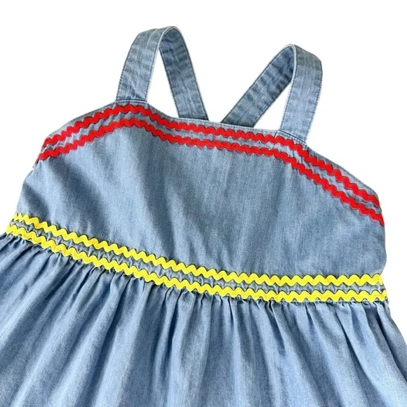 Hanna Andersson chambray denim jean jumper dress 140/10 rickrack blue yellow red - Picture 9 of 15